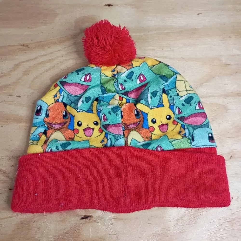 Pokemon Beanie Hat Pokeball Red Pom Pikachu Charmander Squirtle Bulbasaur Adult